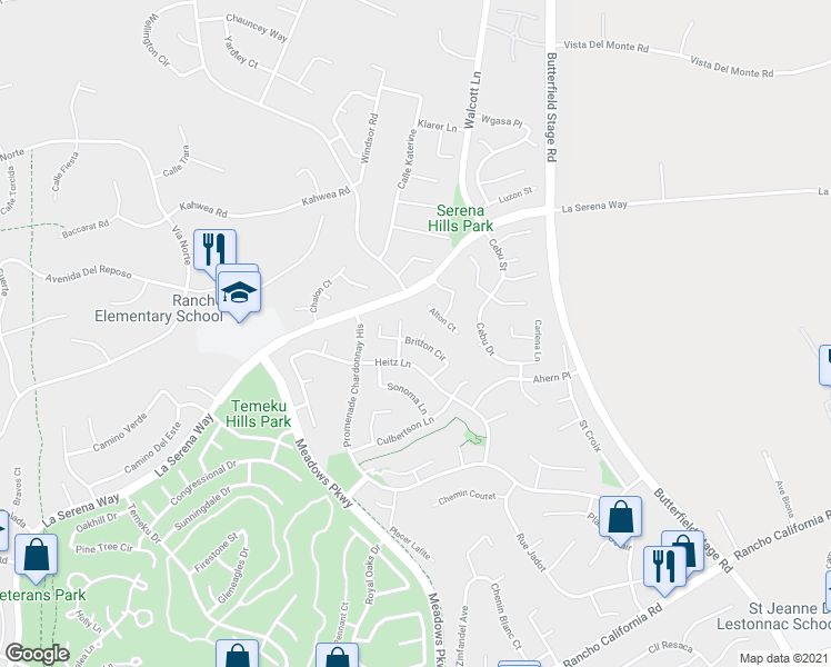 map of restaurants, bars, coffee shops, grocery stores, and more near 41041 Concannon Court in Temecula