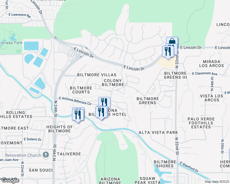 map of restaurants, bars, coffee shops, grocery stores, and more near 3019 East Rose Lane in Phoenix