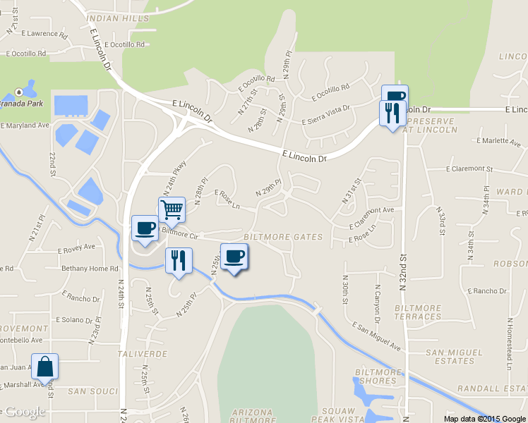 map of restaurants, bars, coffee shops, grocery stores, and more near 3019 East Rose Lane in Phoenix