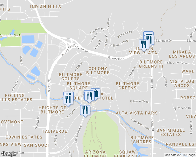 map of restaurants, bars, coffee shops, grocery stores, and more near 3019 East Rose Lane in Phoenix