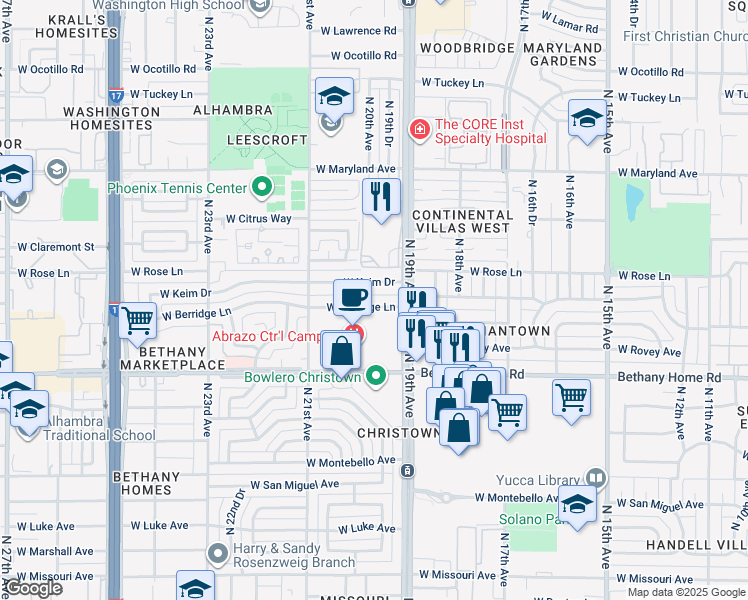 map of restaurants, bars, coffee shops, grocery stores, and more near 1926 West Berridge Lane in Phoenix