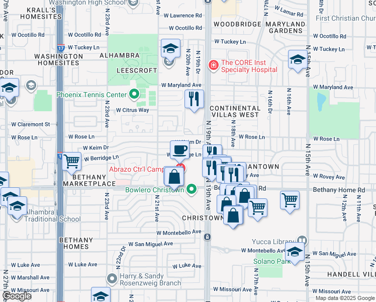 map of restaurants, bars, coffee shops, grocery stores, and more near 1926 West Berridge Lane in Phoenix