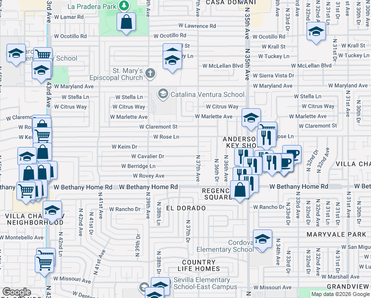 map of restaurants, bars, coffee shops, grocery stores, and more near 3730 West Cavalier Drive in Phoenix