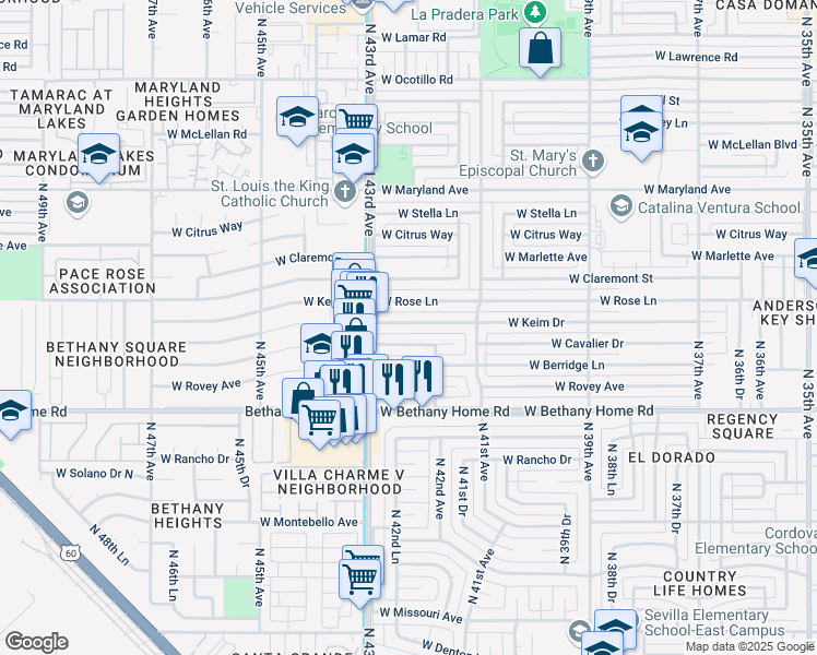 map of restaurants, bars, coffee shops, grocery stores, and more near 4238 West Cavalier Drive in Phoenix