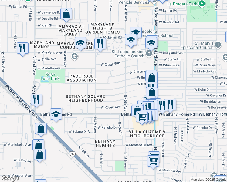 map of restaurants, bars, coffee shops, grocery stores, and more near 4602 West Cavalier Drive in Glendale