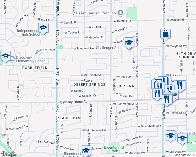 map of restaurants, bars, coffee shops, grocery stores, and more near 7143 West Rose Lane in Glendale