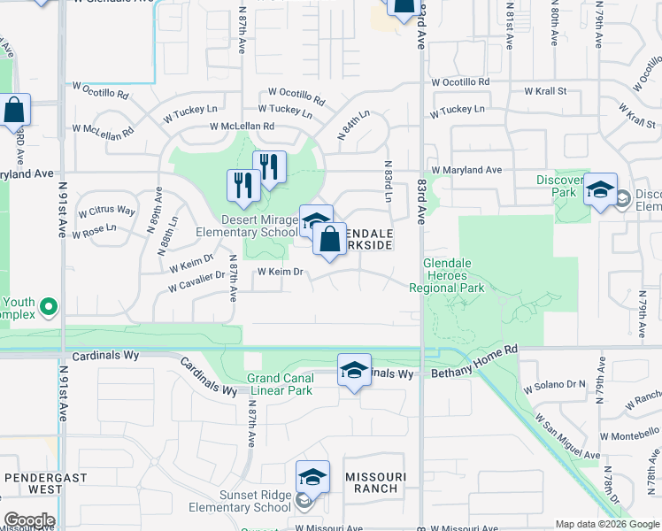 map of restaurants, bars, coffee shops, grocery stores, and more near 8482 West Berridge Lane in Glendale