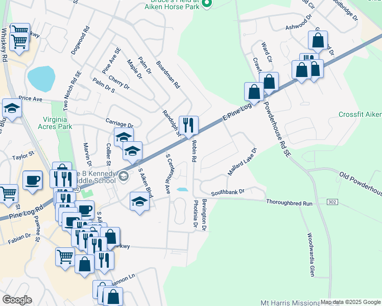 map of restaurants, bars, coffee shops, grocery stores, and more near 400 East Pine Log Road in Aiken