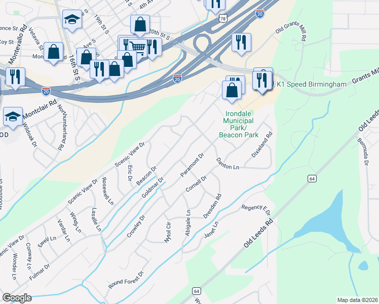 map of restaurants, bars, coffee shops, grocery stores, and more near 5266 Paramont Drive in Irondale