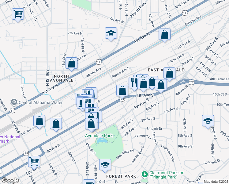 map of restaurants, bars, coffee shops, grocery stores, and more near 4272 2nd Avenue South in Birmingham
