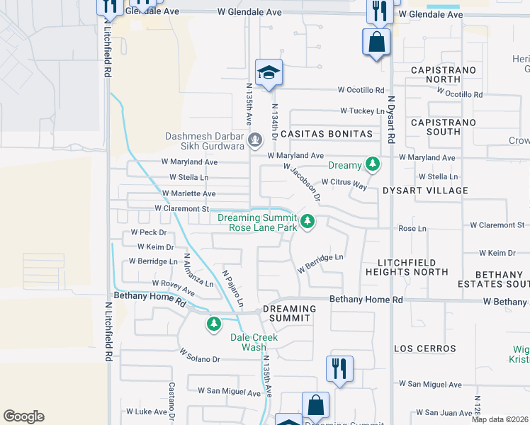 map of restaurants, bars, coffee shops, grocery stores, and more near 13434 West Rose Lane in Litchfield Park