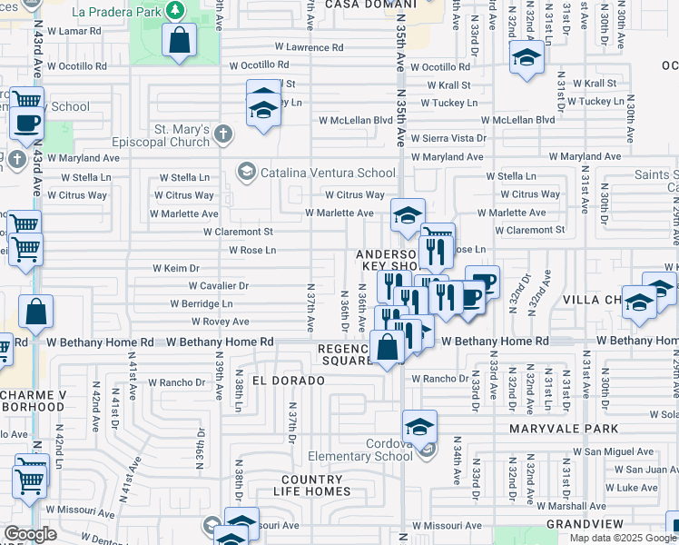 map of restaurants, bars, coffee shops, grocery stores, and more near 6122 North 36th Drive in Phoenix