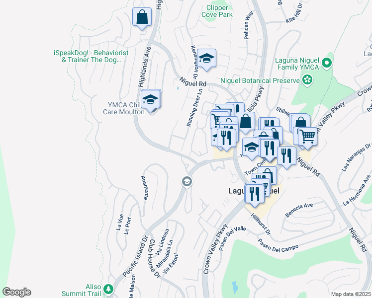 map of restaurants, bars, coffee shops, grocery stores, and more near 30062 Running Deer Lane in Laguna Niguel