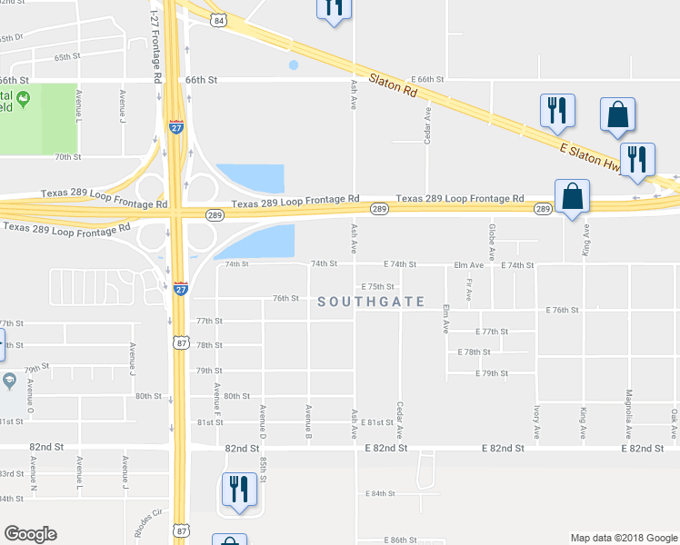 map of restaurants, bars, coffee shops, grocery stores, and more near 105 74th Street in Lubbock
