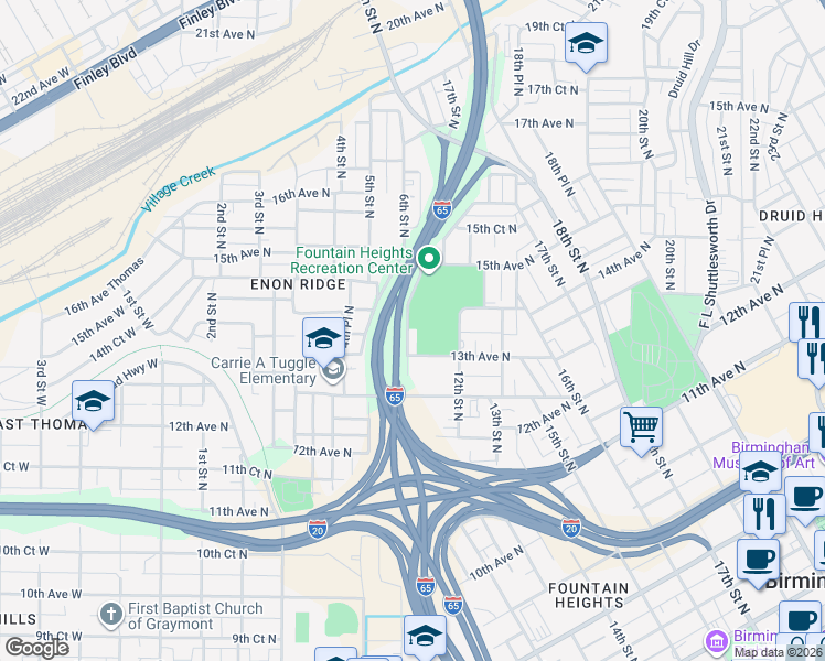 map of restaurants, bars, coffee shops, grocery stores, and more near 1315 11th Street North in Birmingham