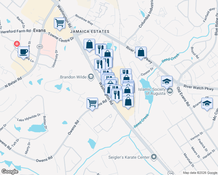 map of restaurants, bars, coffee shops, grocery stores, and more near 4239 Washington Road in Evans
