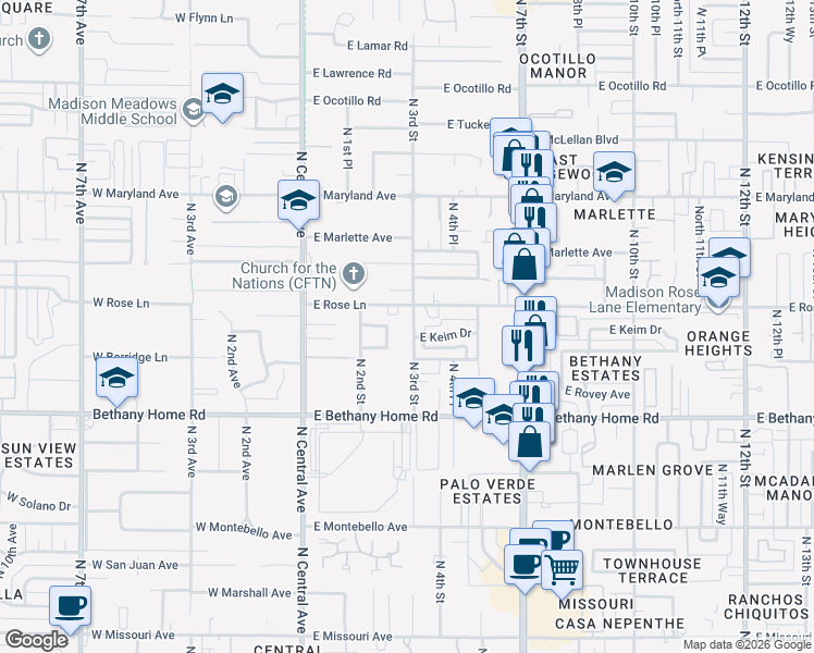 map of restaurants, bars, coffee shops, grocery stores, and more near 6124 North 3rd Street in Phoenix