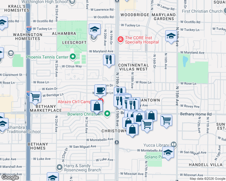 map of restaurants, bars, coffee shops, grocery stores, and more near 1908 West Berridge Lane in Phoenix
