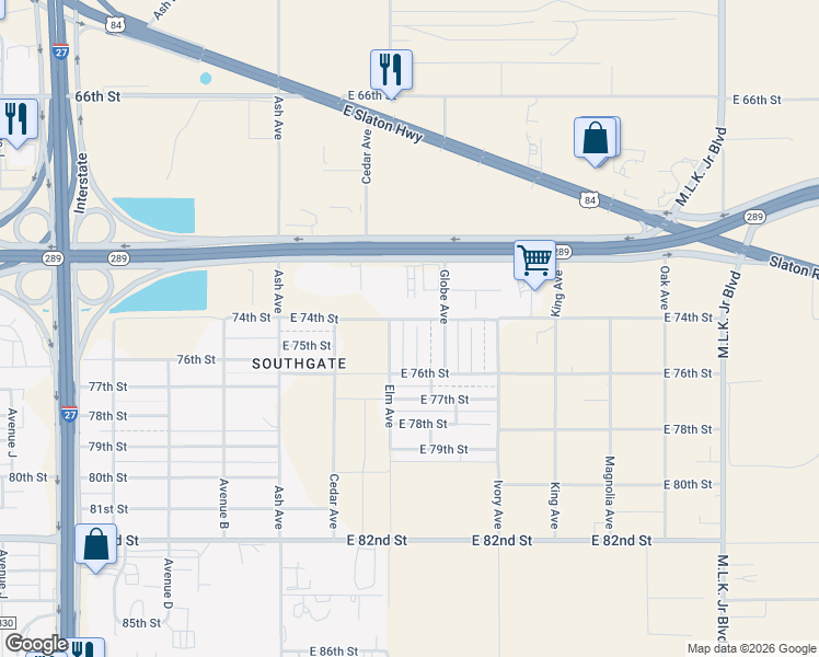 map of restaurants, bars, coffee shops, grocery stores, and more near 7406 Fir Ave in Lubbock