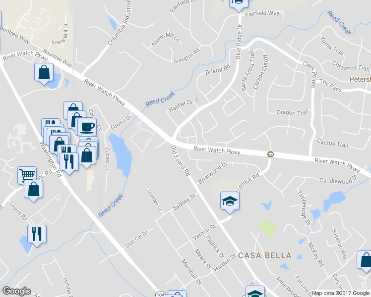 map of restaurants, bars, coffee shops, grocery stores, and more near 4111 Old Petersburg Road in Martinez