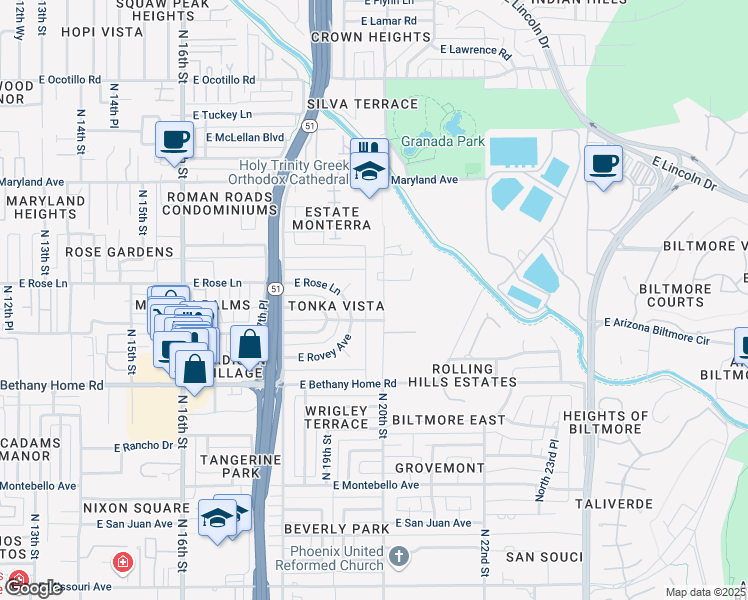 map of restaurants, bars, coffee shops, grocery stores, and more near 6142 North 20th Street in Phoenix
