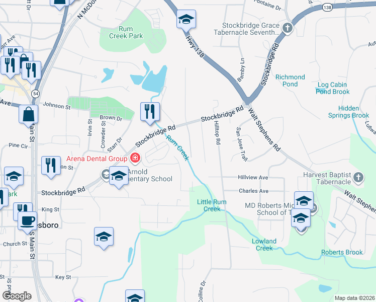 map of restaurants, bars, coffee shops, grocery stores, and more near 8412 Carlington Lane in Jonesboro