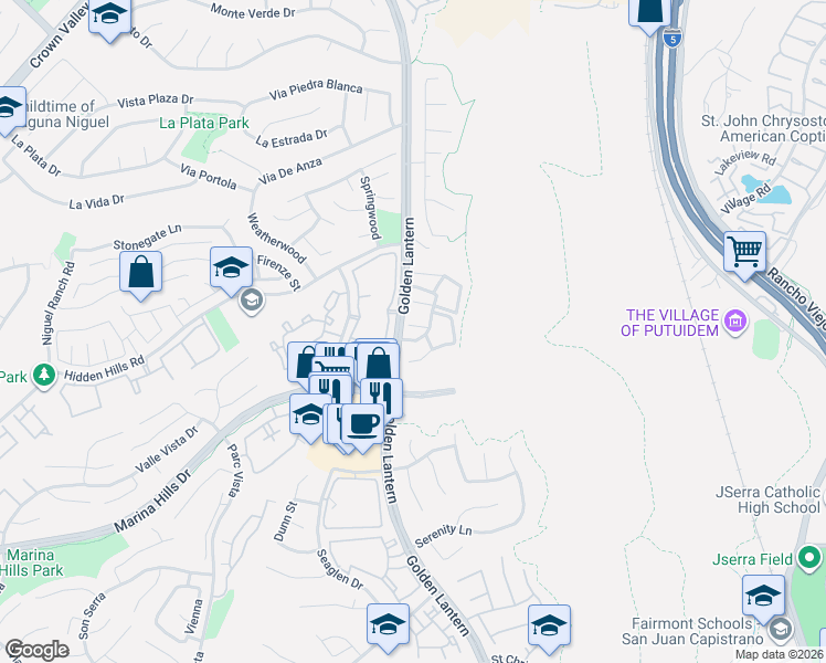 map of restaurants, bars, coffee shops, grocery stores, and more near 22 Aruba Street in Laguna Niguel