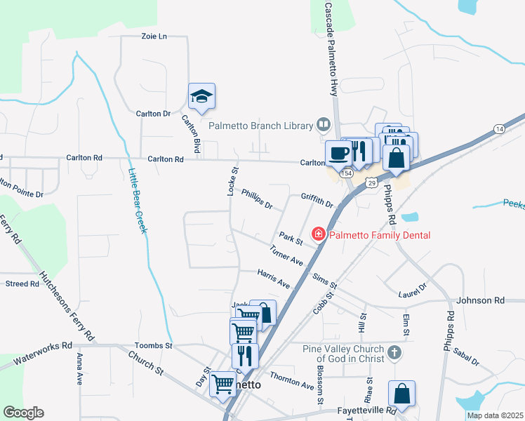 map of restaurants, bars, coffee shops, grocery stores, and more near 525 Griffith Drive in Palmetto