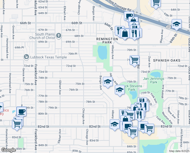 map of restaurants, bars, coffee shops, grocery stores, and more near 5405 74th Street in Lubbock