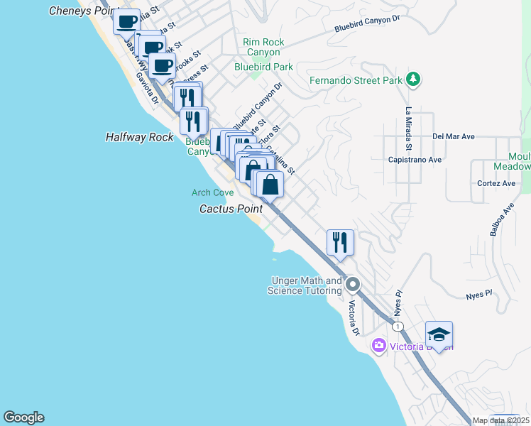 map of restaurants, bars, coffee shops, grocery stores, and more near 2040 Ocean Way in Laguna Beach