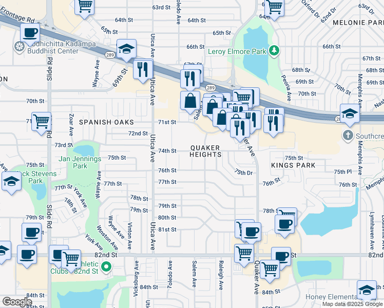 map of restaurants, bars, coffee shops, grocery stores, and more near Salem Avenue in Lubbock