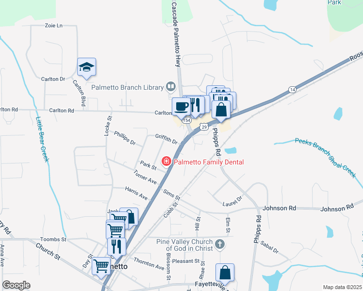 map of restaurants, bars, coffee shops, grocery stores, and more near 643 Roosevelt Highway in Palmetto