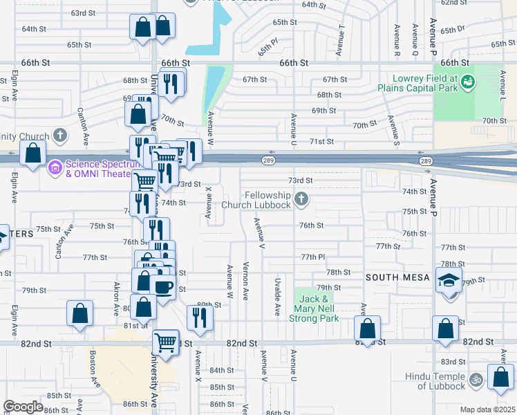 map of restaurants, bars, coffee shops, grocery stores, and more near 2117 75th Street in Lubbock