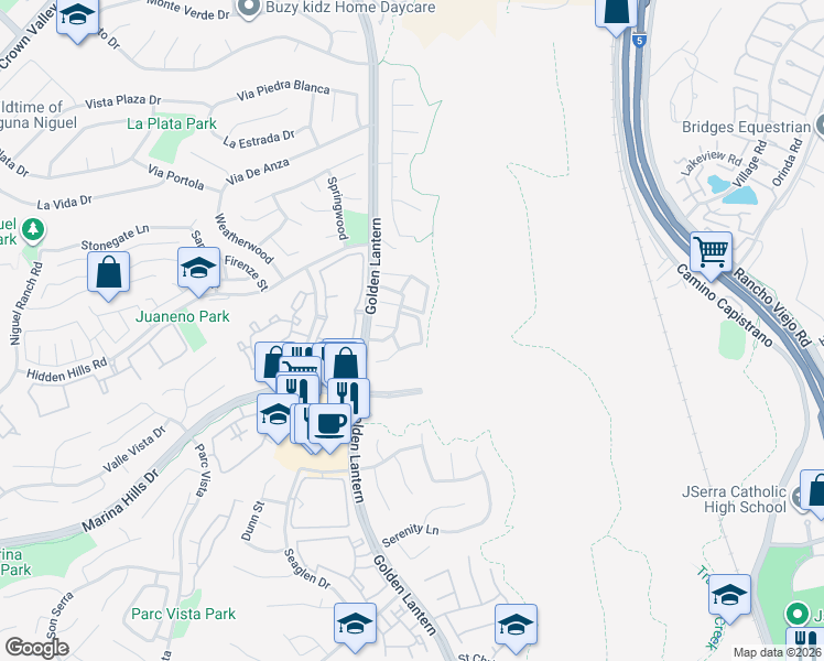 map of restaurants, bars, coffee shops, grocery stores, and more near 87 Grenada Street in Laguna Niguel