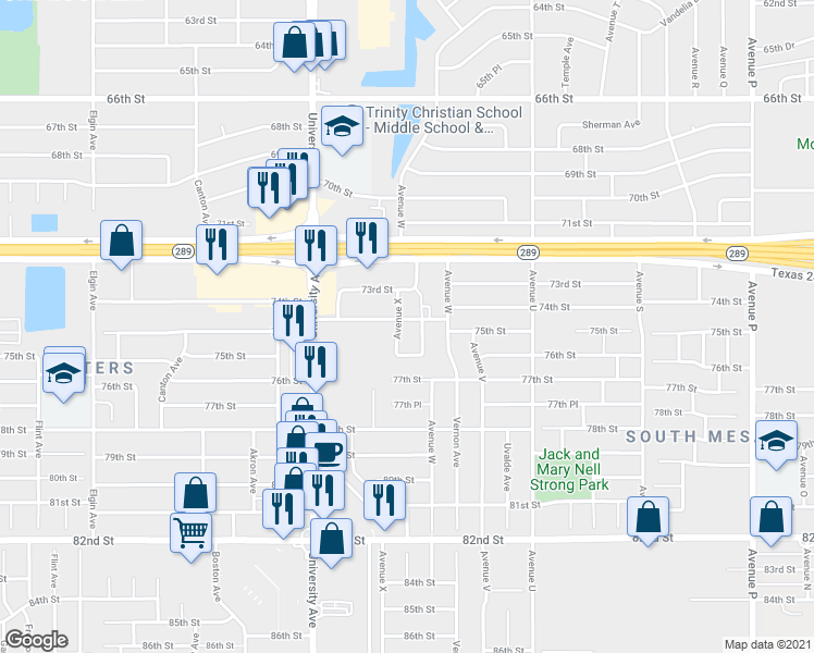 map of restaurants, bars, coffee shops, grocery stores, and more near 7404 Waco Avenue in Lubbock