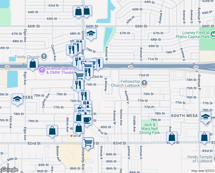 map of restaurants, bars, coffee shops, grocery stores, and more near 7404 Waco Avenue in Lubbock