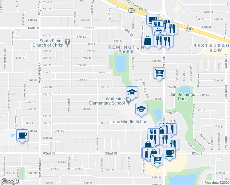map of restaurants, bars, coffee shops, grocery stores, and more near 5405 74th Street in Lubbock