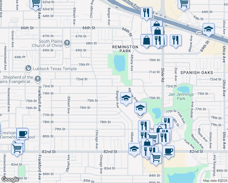 map of restaurants, bars, coffee shops, grocery stores, and more near 5405 74th Street in Lubbock