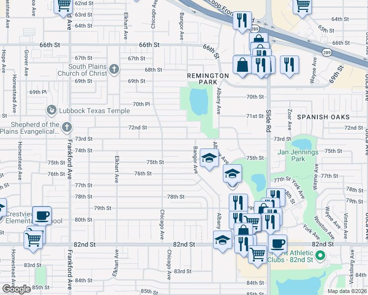 map of restaurants, bars, coffee shops, grocery stores, and more near 5405 74th Street in Lubbock