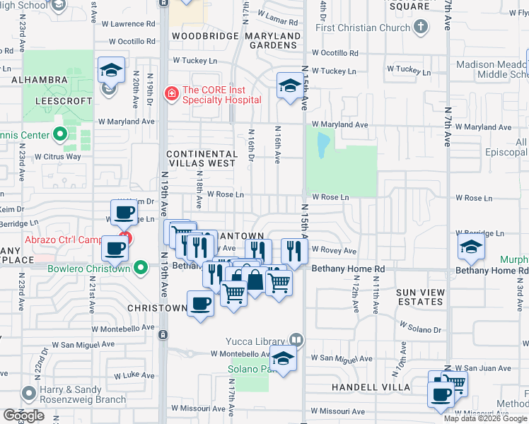 map of restaurants, bars, coffee shops, grocery stores, and more near 1603 West Keim Drive in Phoenix