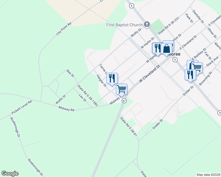 map of restaurants, bars, coffee shops, grocery stores, and more near 306 Haigler Street in Elloree