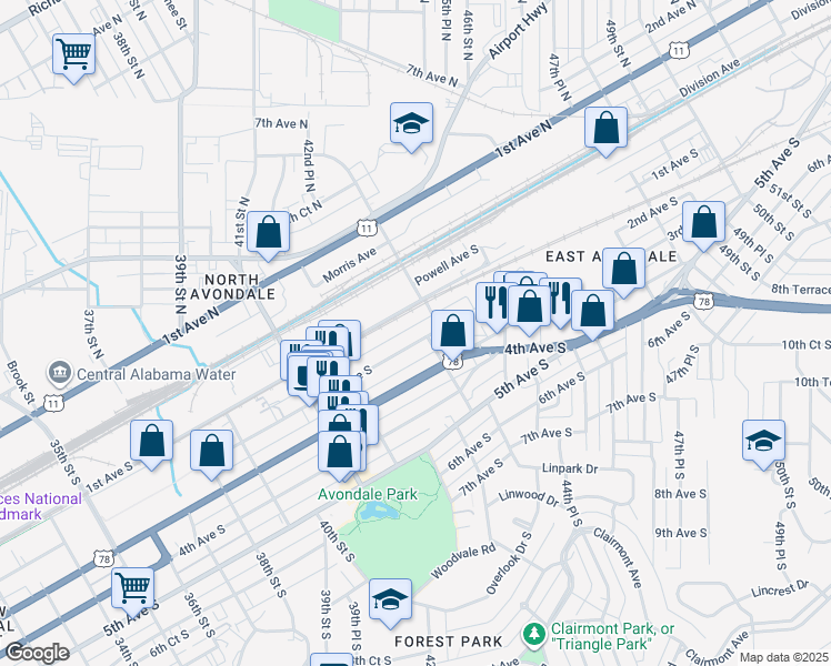 map of restaurants, bars, coffee shops, grocery stores, and more near 4272 2nd Avenue South in Birmingham