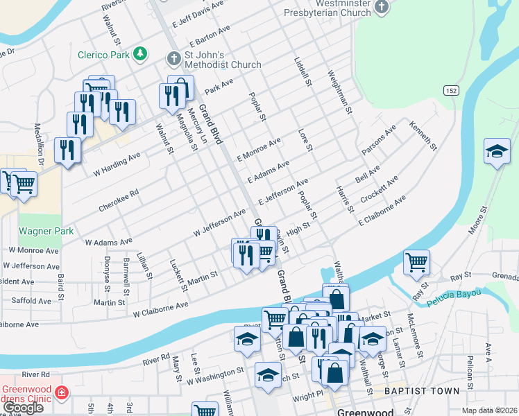 map of restaurants, bars, coffee shops, grocery stores, and more near 304 Grand Boulevard in Greenwood