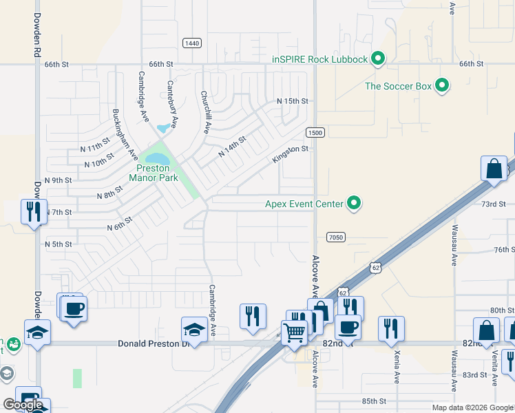 map of restaurants, bars, coffee shops, grocery stores, and more near 1107 Preston Trails in Wolfforth