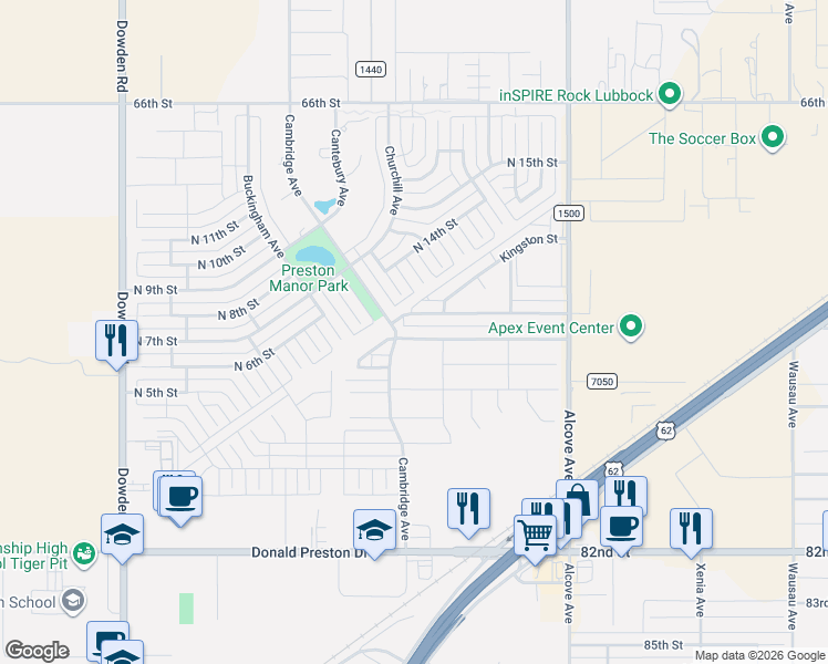 map of restaurants, bars, coffee shops, grocery stores, and more near 602 Cambridge Avenue in Wolfforth