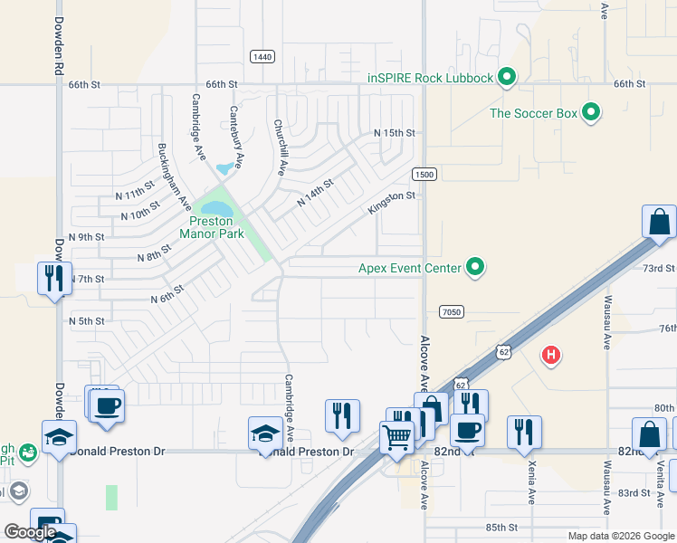 map of restaurants, bars, coffee shops, grocery stores, and more near 1107 Preston Trails in Wolfforth