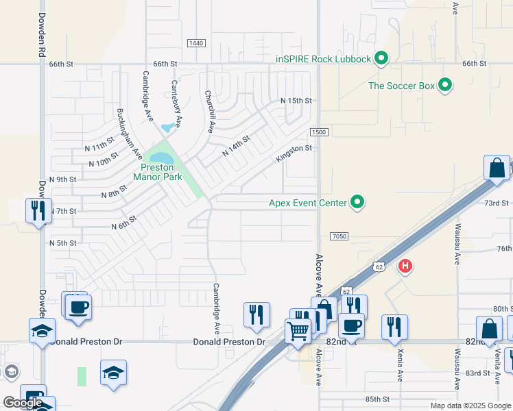 map of restaurants, bars, coffee shops, grocery stores, and more near 1107 Preston Trails in Wolfforth