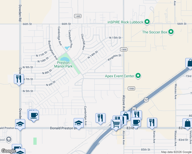 map of restaurants, bars, coffee shops, grocery stores, and more near 1011 Preston Trail in Wolfforth