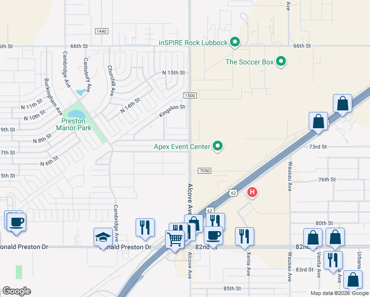 map of restaurants, bars, coffee shops, grocery stores, and more near 1221 Preston Trails in Wolfforth