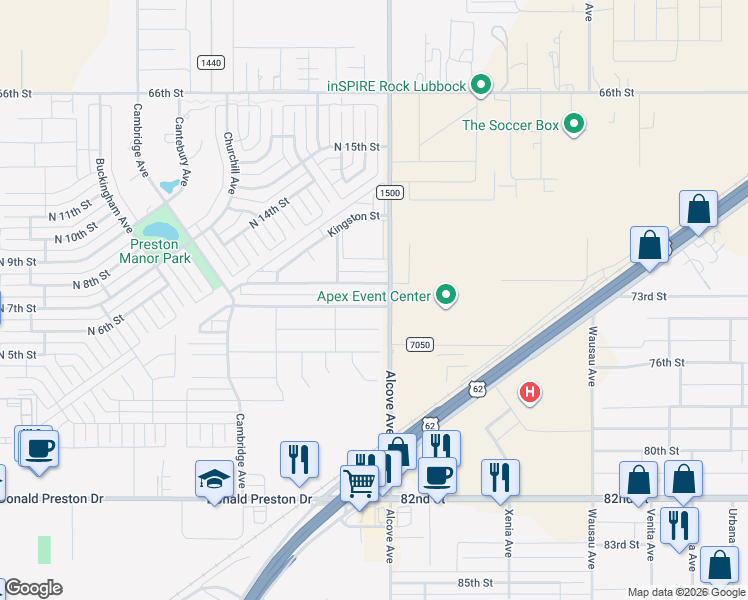 map of restaurants, bars, coffee shops, grocery stores, and more near 1221 Preston Trails in Wolfforth